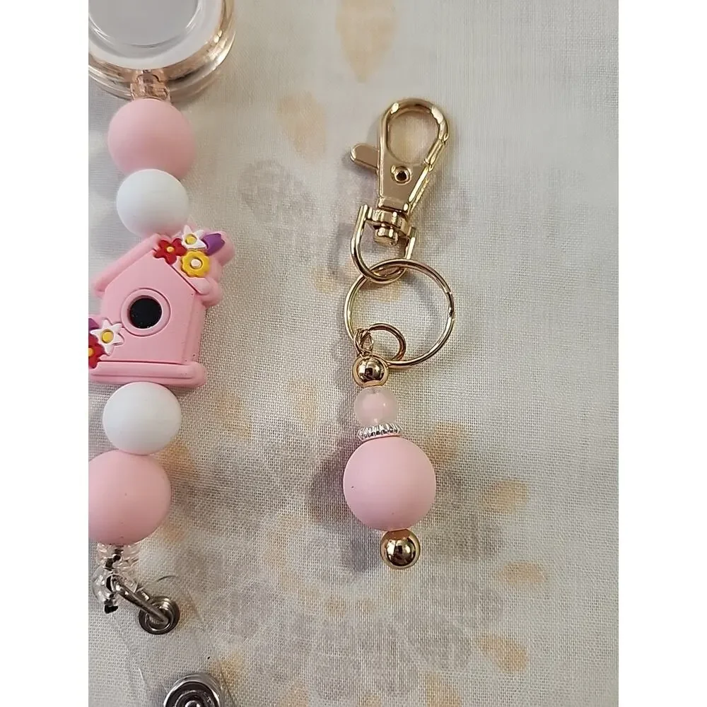 Badge Reel & Small Key Chain Combo Pink Birdhouse Silicone Beads